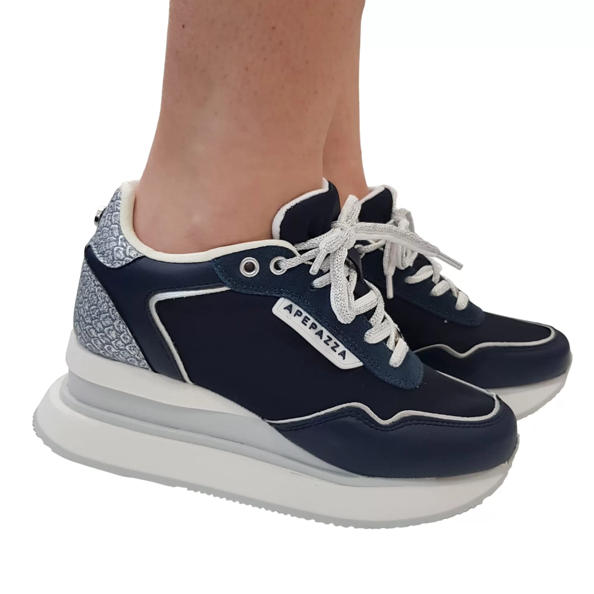 Apepazza Sneakers Donna Zeppa Alta 6 cm. Pelle Blu rif.686