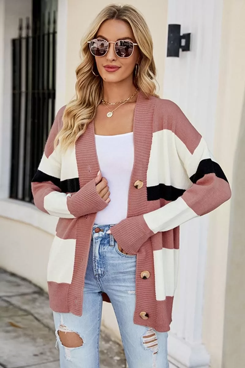 COLOR BLOCKED BUTTON CLOSURE KNIT CARDIGAN