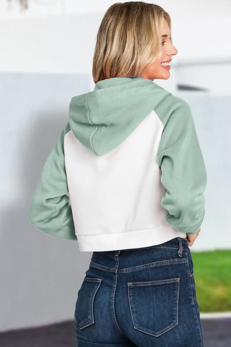 CONTRAST RAGLAN SLEEVE CROP ZIP UP HOODIE