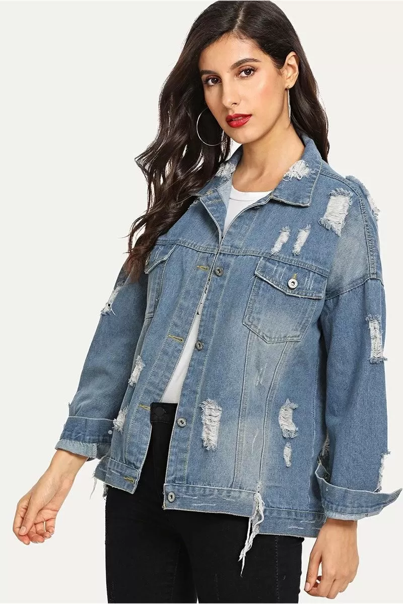 DISTRESSED BUTTON DOWN LONG SLEEVE DENIM JACKET