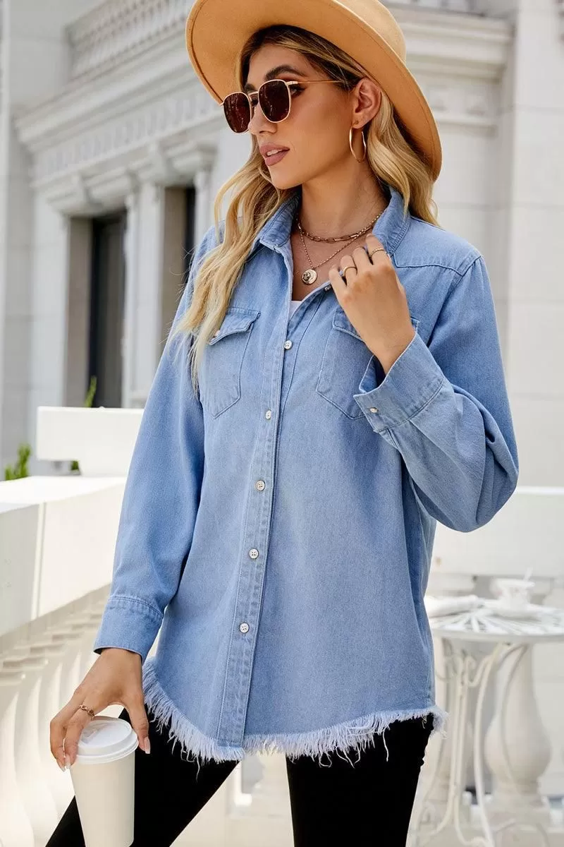 DISTRESSED DENIM LONG SLEEVE POCKET SHIRTS