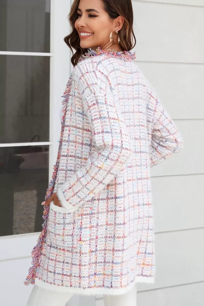 DISTRESSED PLAID PATTERN CARDIGAN FOR WOMEN