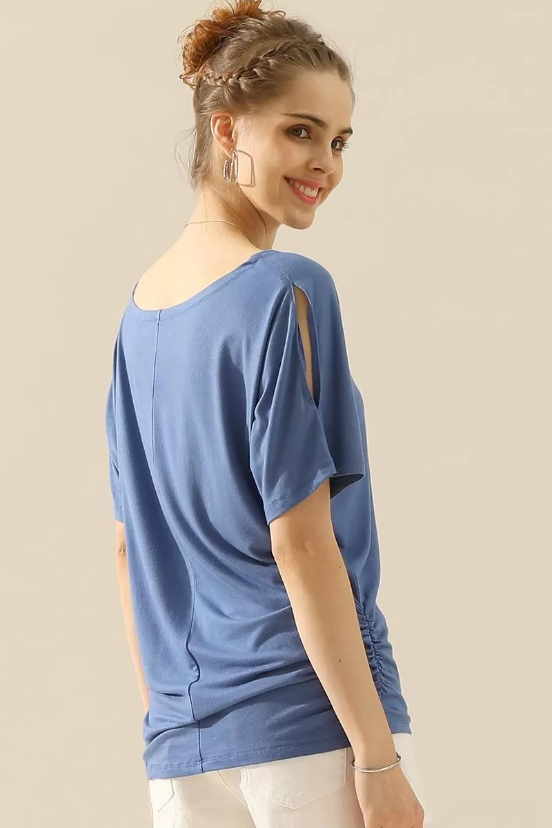 DOLMAN SIDE SLIT SHORT SLEEVE BOAT NECKLINE TEE