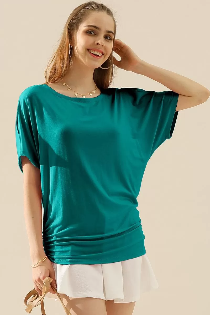 DOLMAN SIDE SLIT SHORT SLEEVE BOAT NECKLINE TEE