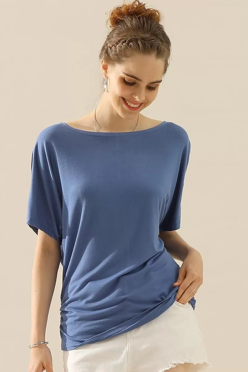 DOLMAN SIDE SLIT SHORT SLEEVE BOAT NECKLINE TEE