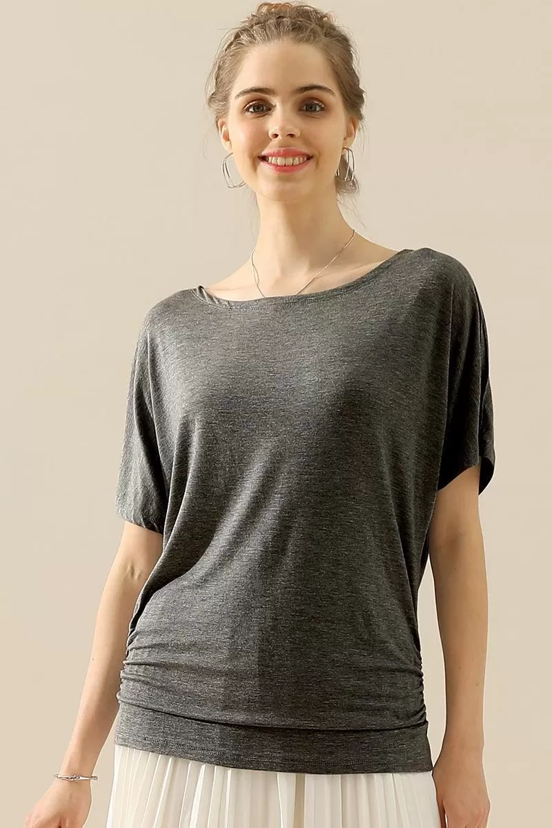 DOLMAN SIDE SLIT SHORT SLEEVE BOAT NECKLINE TEE