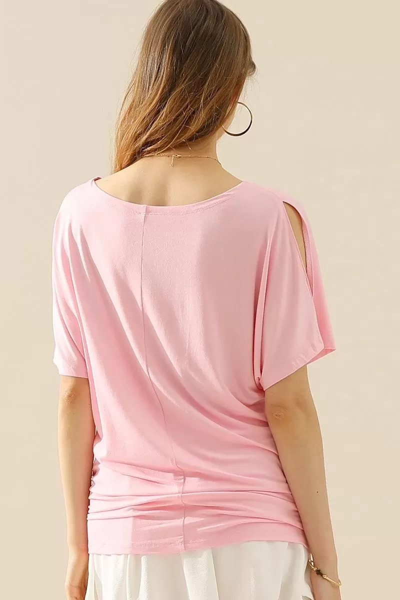 DOLMAN SIDE SLIT SHORT SLEEVE BOAT NECKLINE TEE