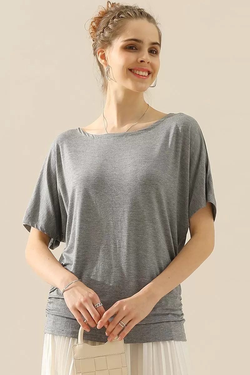 DOLMAN SIDE SLIT SHORT SLEEVE BOAT NECKLINE TEE