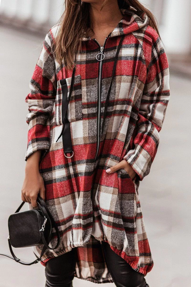 ELASTIC HEM ZIP UP PLAID PATTERN LONG JACKET