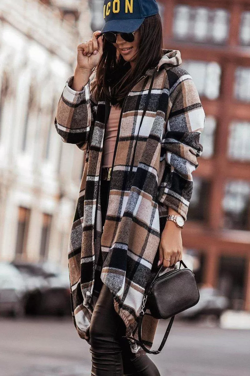 ELASTIC HEM ZIP UP PLAID PATTERN LONG JACKET