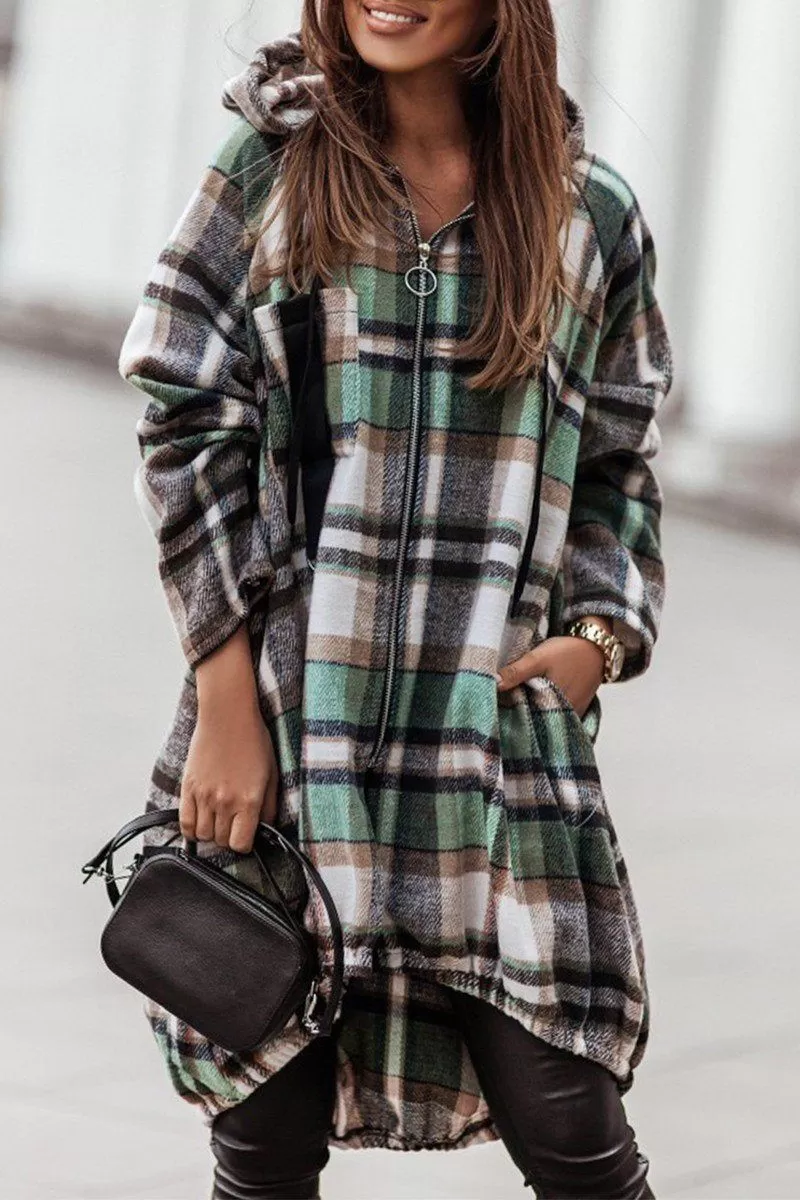 ELASTIC HEM ZIP UP PLAID PATTERN LONG JACKET