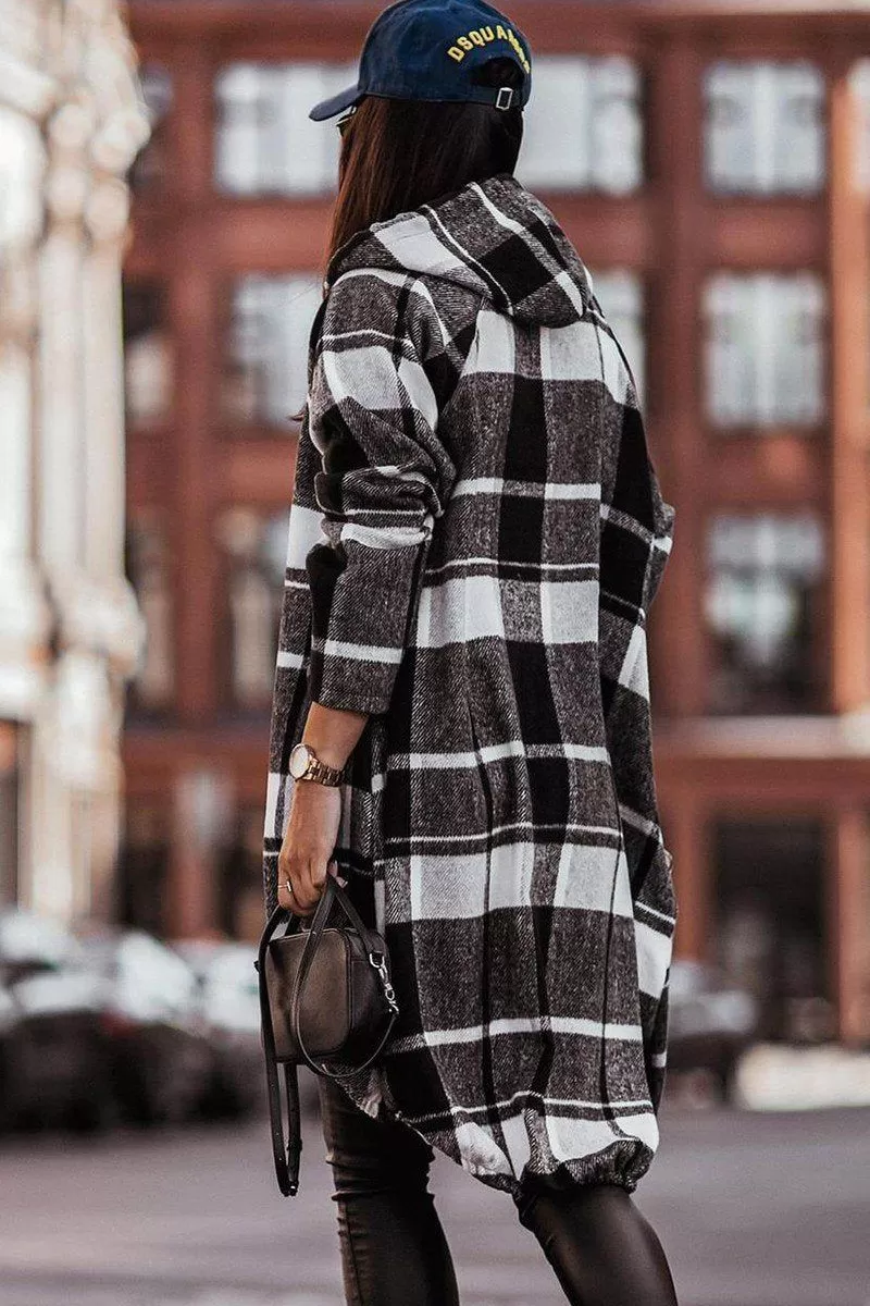 ELASTIC HEM ZIP UP PLAID PATTERN LONG JACKET