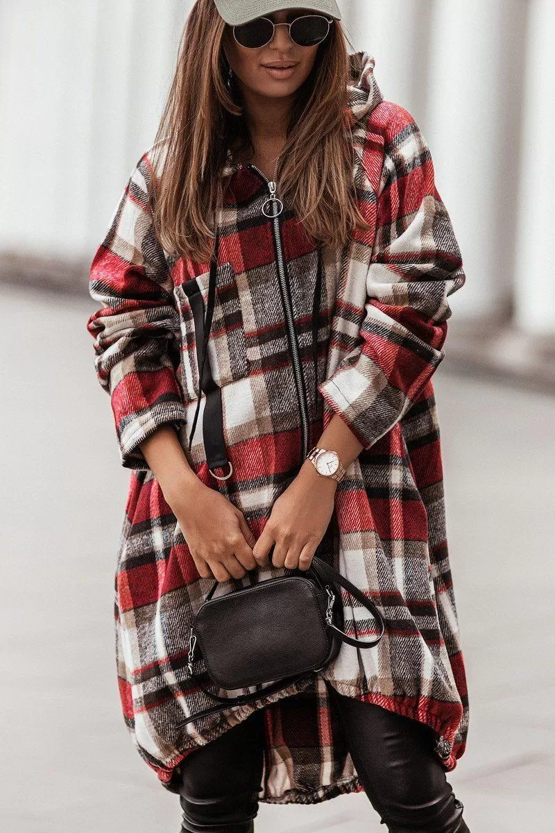 ELASTIC HEM ZIP UP PLAID PATTERN LONG JACKET