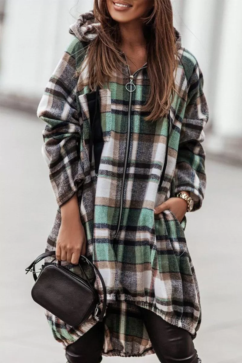 ELASTIC HEM ZIP UP PLAID PATTERN LONG JACKET