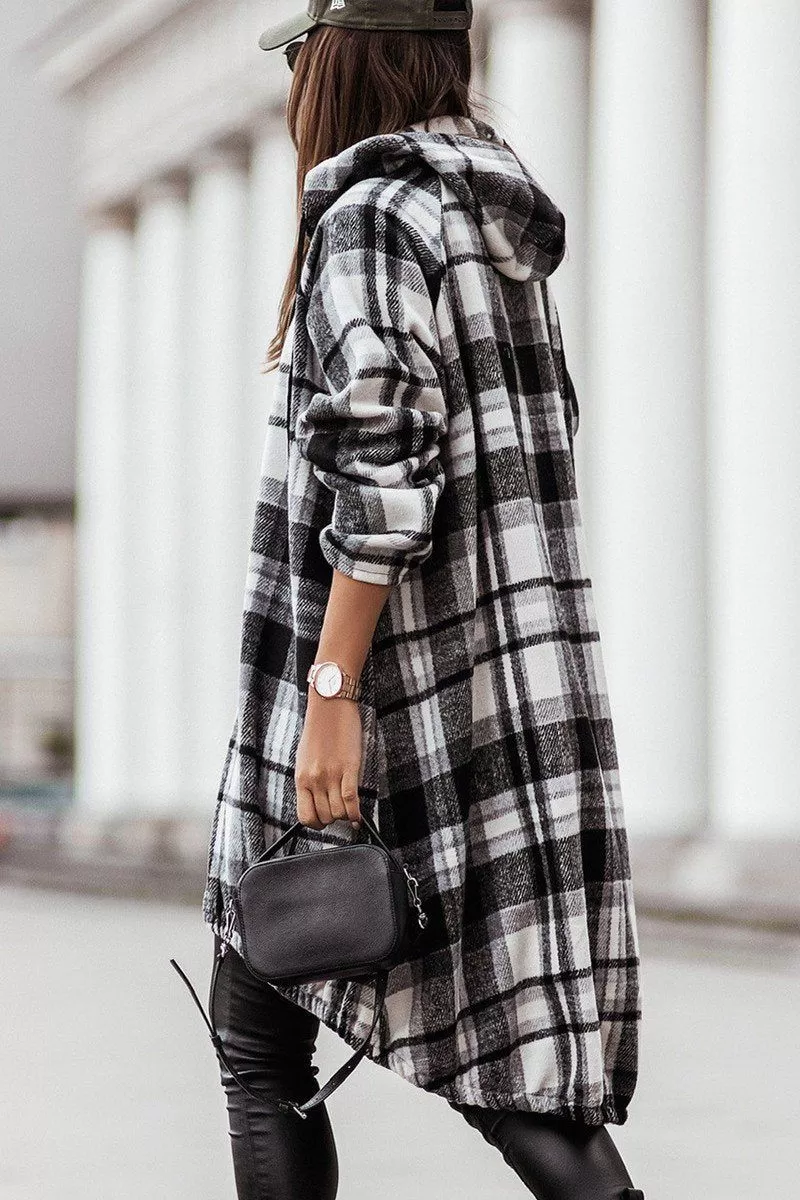 ELASTIC HEM ZIP UP PLAID PATTERN LONG JACKET