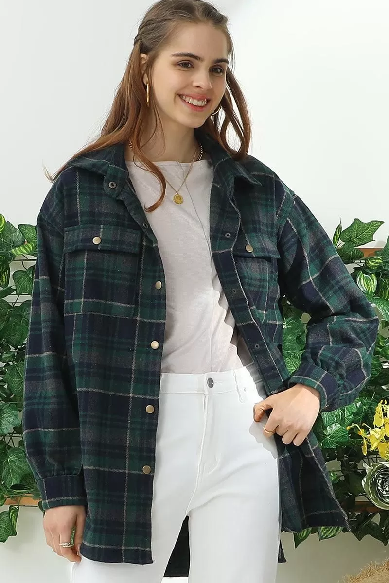 FLANNEL PLAID JACKET SHACKET WITHOUT SIDE POCKET