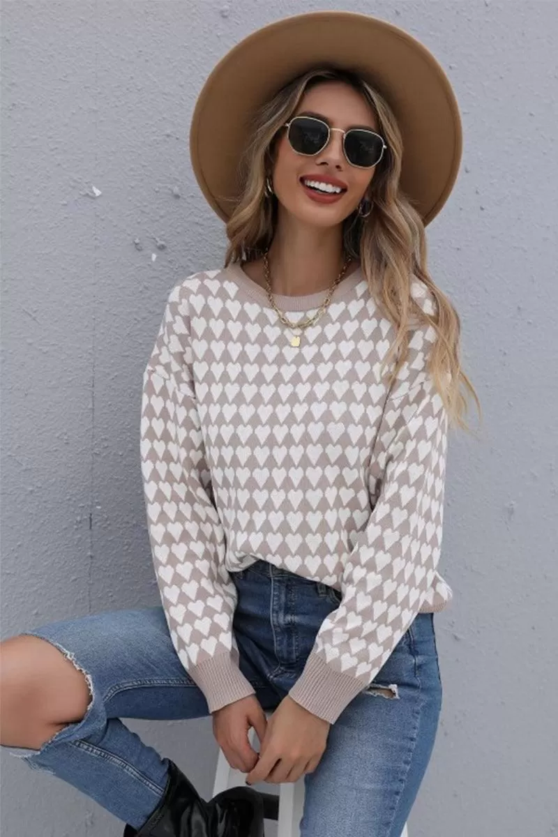 HEART PATTERN PRINTING LONG SLEEVE CASUAL TOP