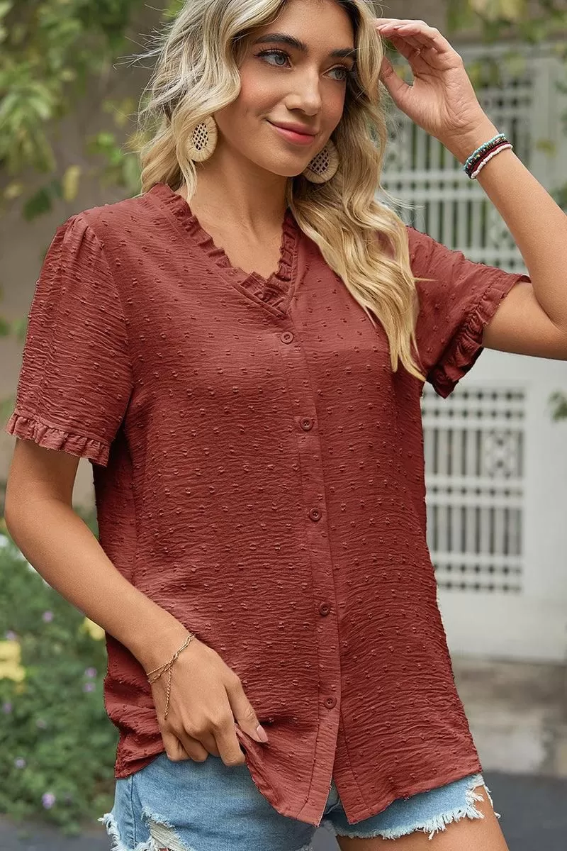 LACE V NECK PRINCESS SLEEVES CHIFFON DOT BLOUSE