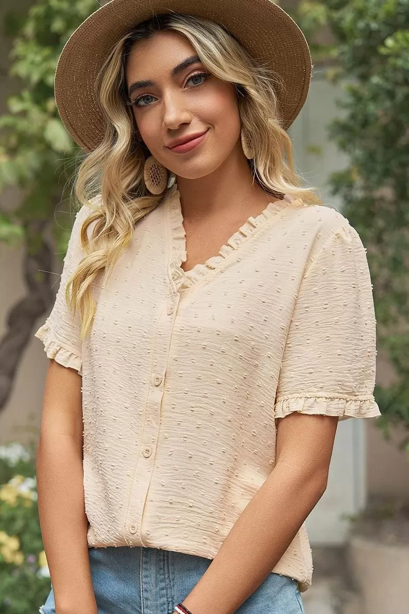 LACE V NECK PRINCESS SLEEVES CHIFFON DOT BLOUSE