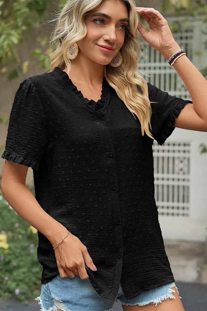 LACE V NECK PRINCESS SLEEVES CHIFFON DOT BLOUSE