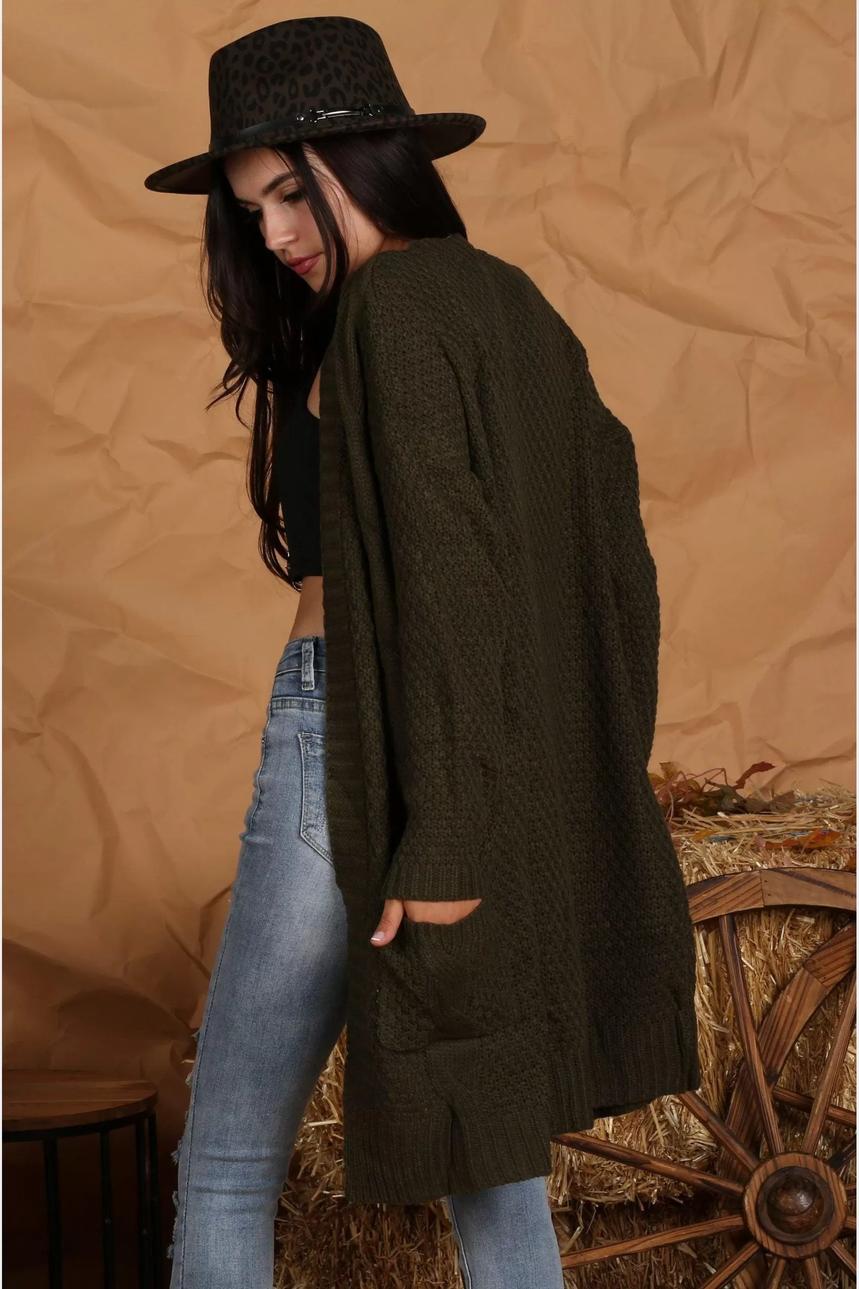 OPEN FRONT WAFFLE KNITTED LONG CARDIGAN