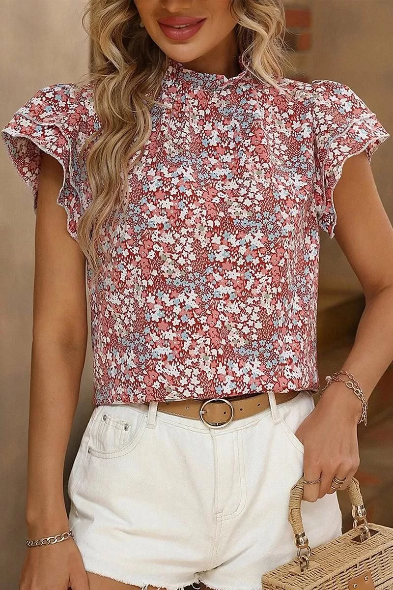 PRINTED DOUBLE RUFFLED SLEEVE BLOUSE