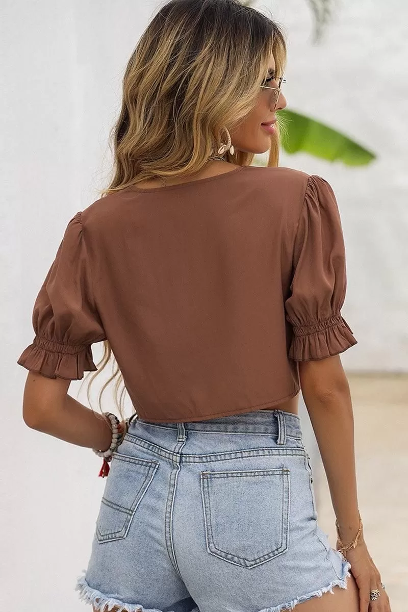 PUFF SLEEVES SEXY LACE-UP CROP TOP