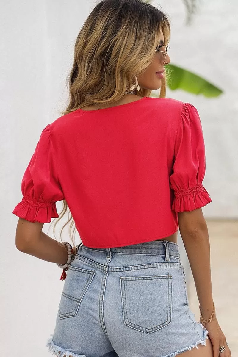 PUFF SLEEVES SEXY LACE-UP CROP TOP