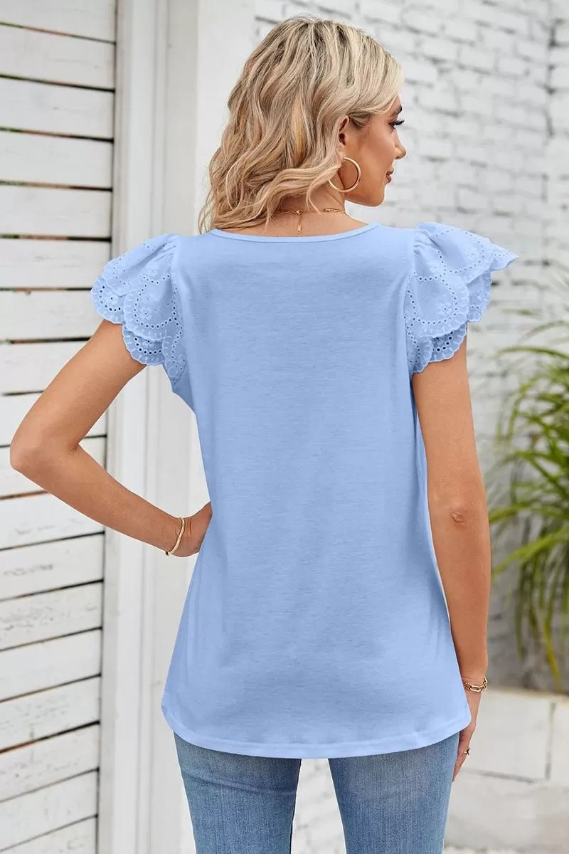 PUNCHING LACE ANGEL SLEEVE SQUARE NECK TUNIC TOP