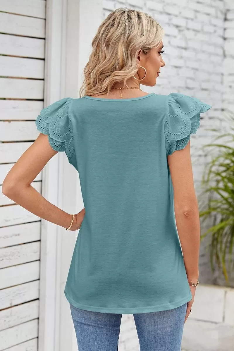 PUNCHING LACE ANGEL SLEEVE SQUARE NECK TUNIC TOP