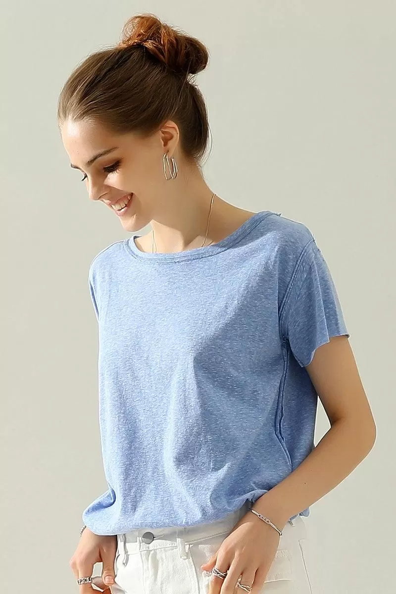 ROUND NECK RIGHT SHOULDER SLIT RAW CUT T SHIRT TOP