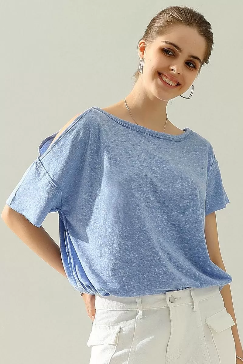 ROUND NECK RIGHT SHOULDER SLIT RAW CUT T SHIRT TOP