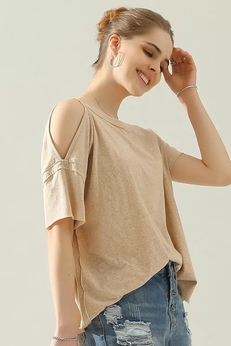 ROUND NECK RIGHT SHOULDER SLIT RAW CUT T SHIRT TOP