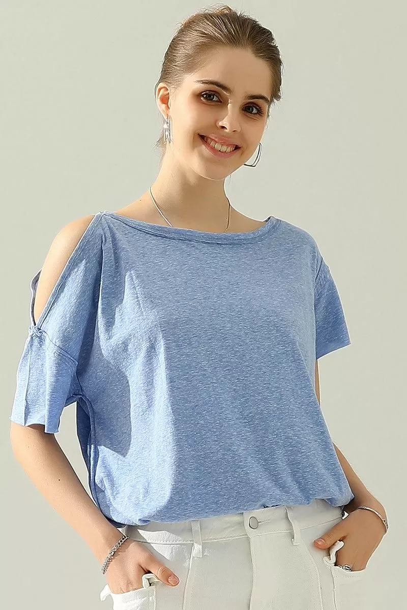 ROUND NECK RIGHT SHOULDER SLIT RAW CUT T SHIRT TOP