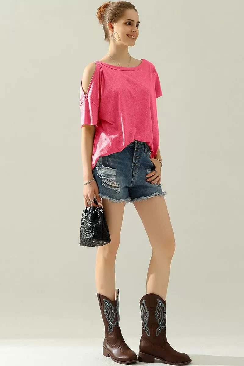 ROUND NECK RIGHT SHOULDER SLIT RAW CUT T SHIRT TOP