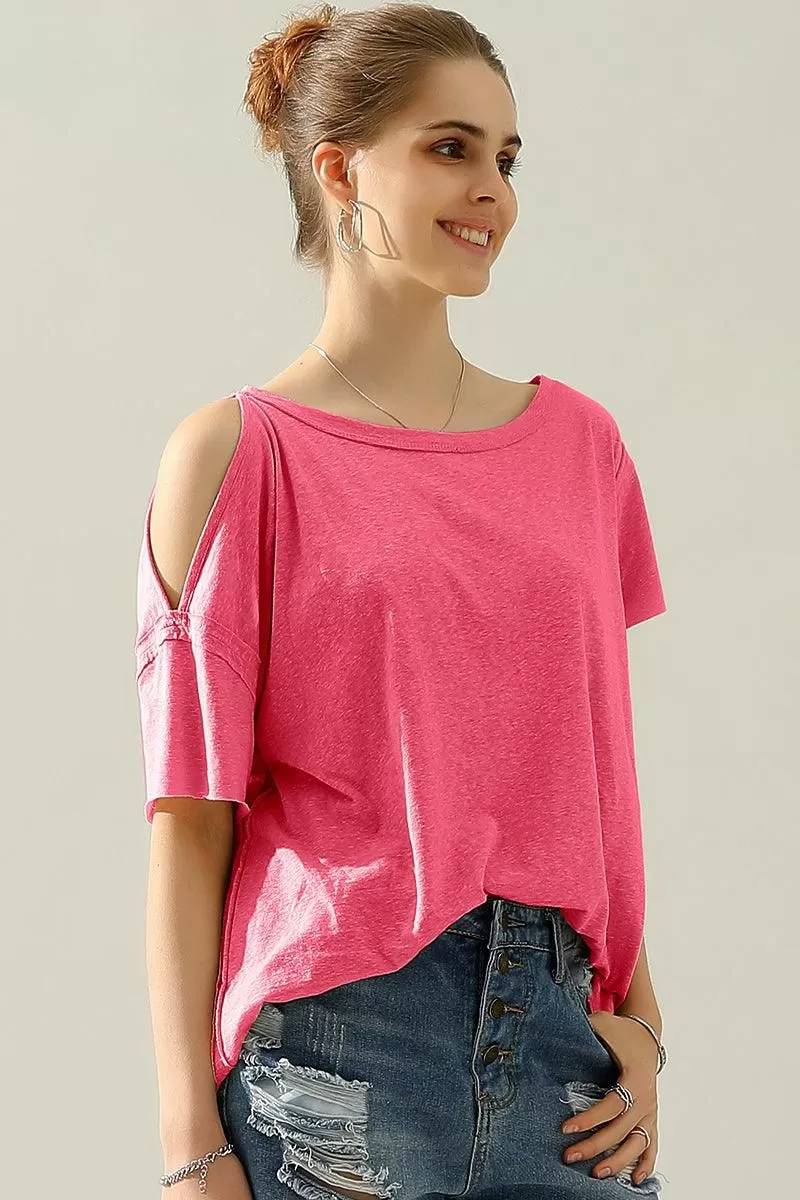 ROUND NECK RIGHT SHOULDER SLIT RAW CUT T SHIRT TOP