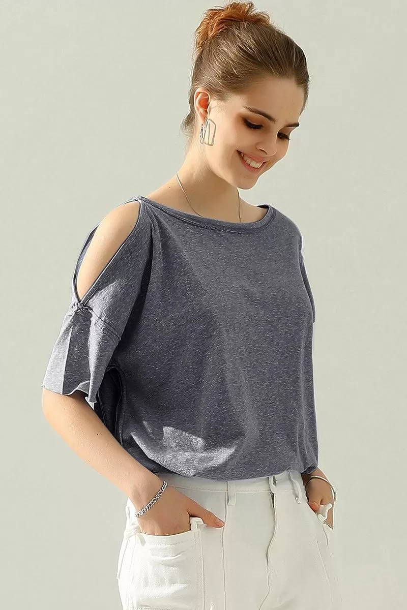 ROUND NECK RIGHT SHOULDER SLIT RAW CUT T SHIRT TOP