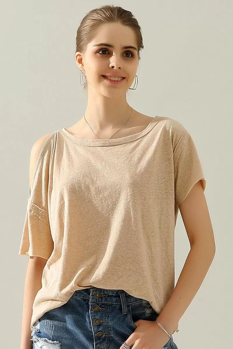 ROUND NECK RIGHT SHOULDER SLIT RAW CUT T SHIRT TOP