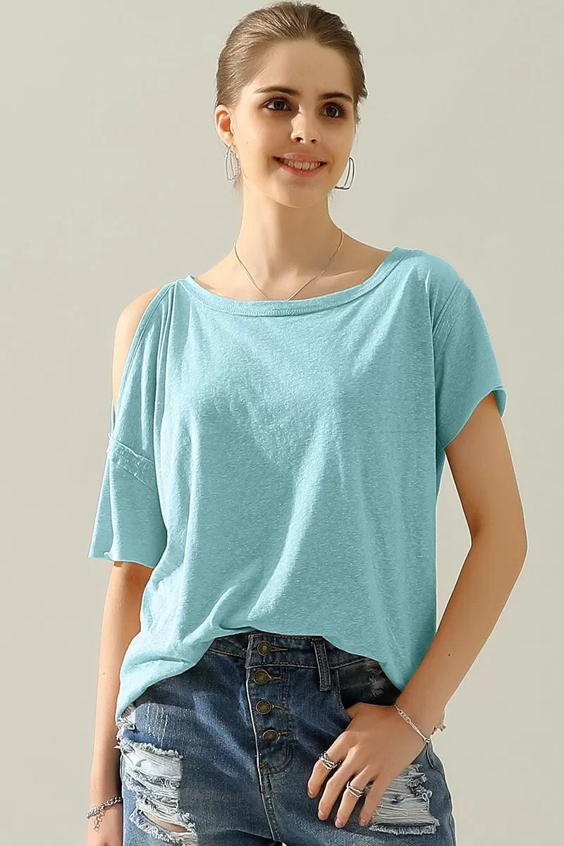 ROUND NECK RIGHT SHOULDER SLIT RAW CUT T SHIRT TOP