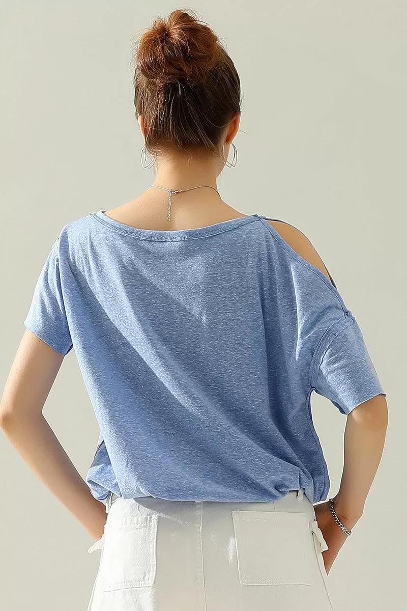 ROUND NECK RIGHT SHOULDER SLIT RAW CUT T SHIRT TOP