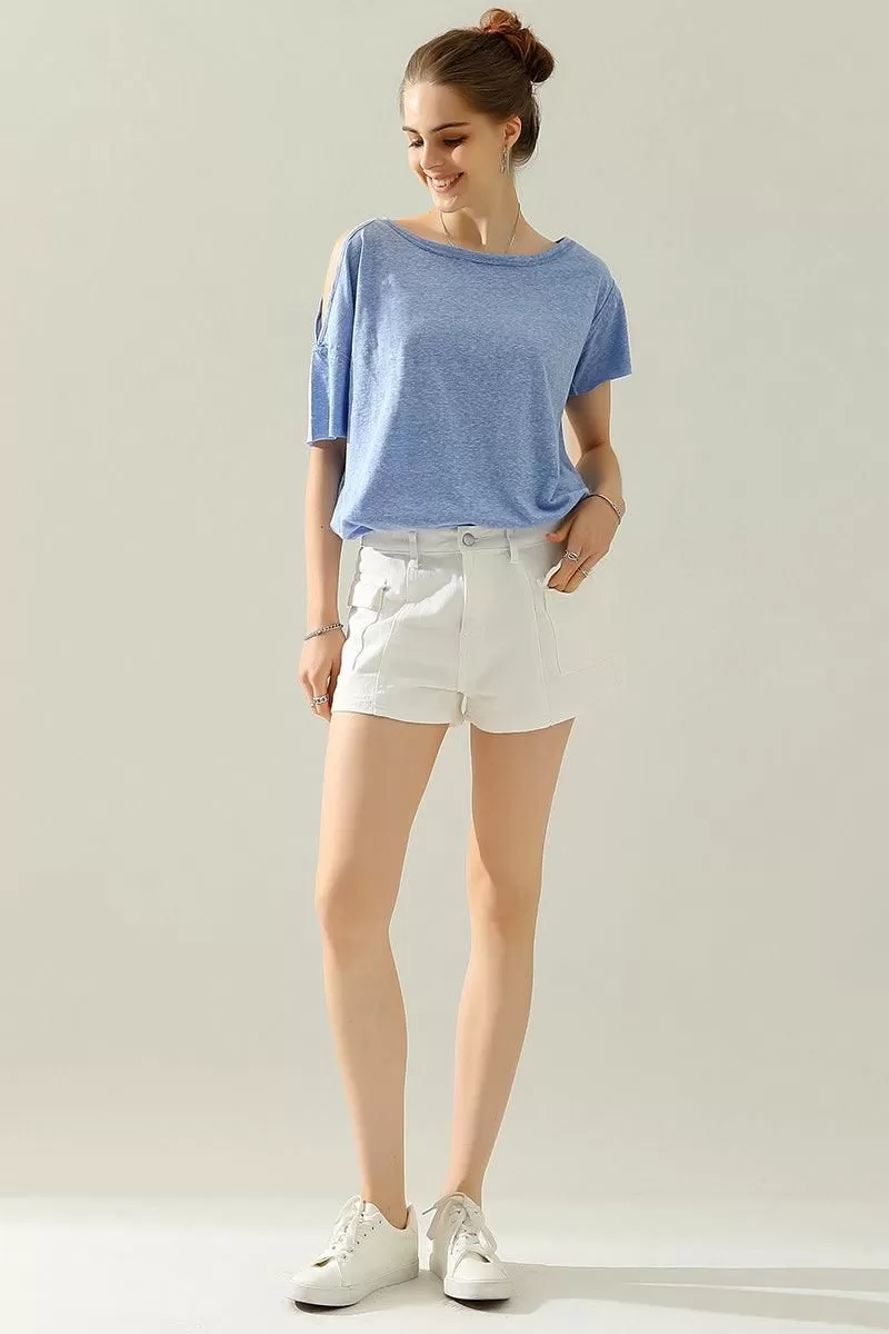 ROUND NECK RIGHT SHOULDER SLIT RAW CUT T SHIRT TOP