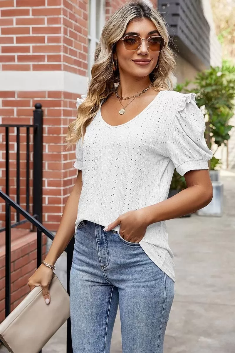 ROUND NECK RUFFLED PUFF SLEEVE EYELET T SHIRTS