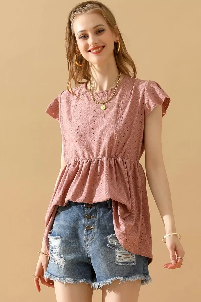 RUFFLED ELASTIC WAIST PUNCHING LACE TEE