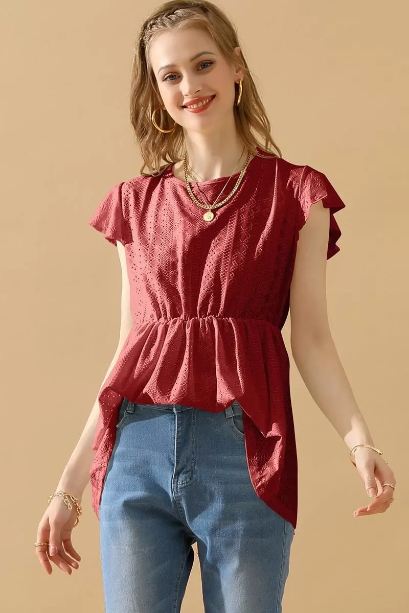 RUFFLED ELASTIC WAIST PUNCHING LACE TEE