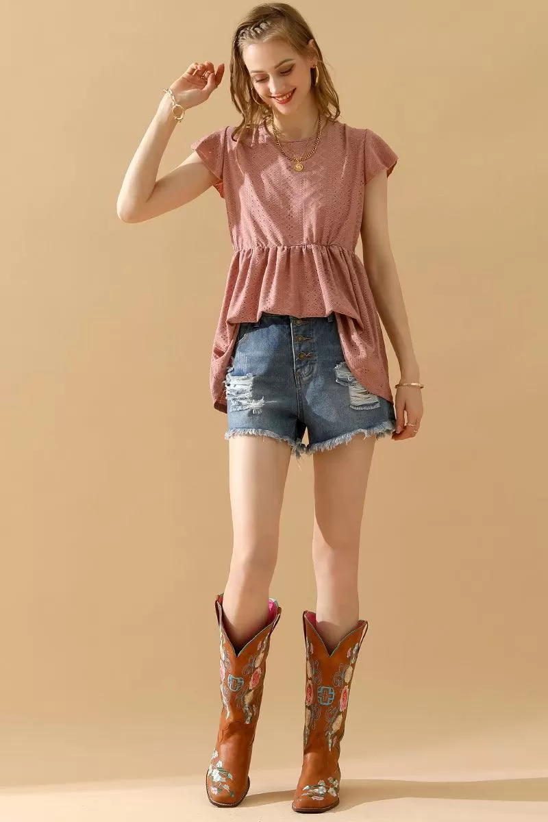 RUFFLED ELASTIC WAIST PUNCHING LACE TEE