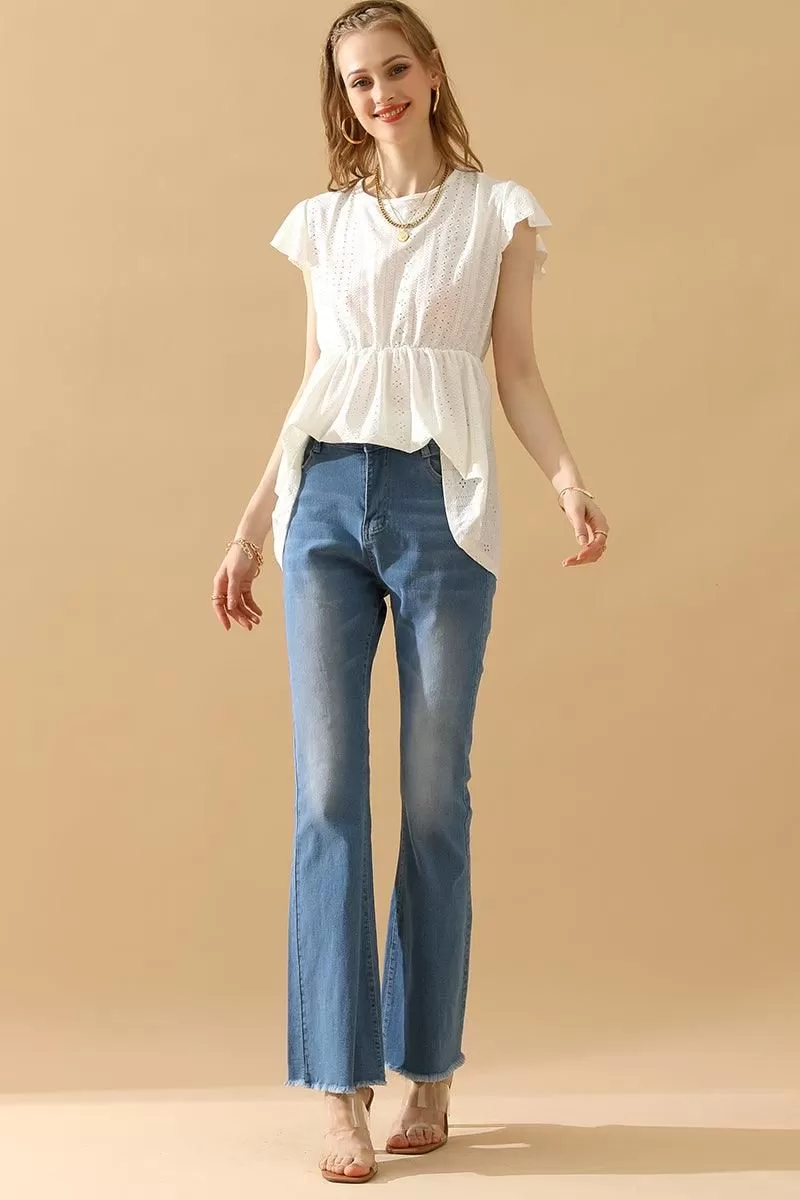 RUFFLED ELASTIC WAIST PUNCHING LACE TEE