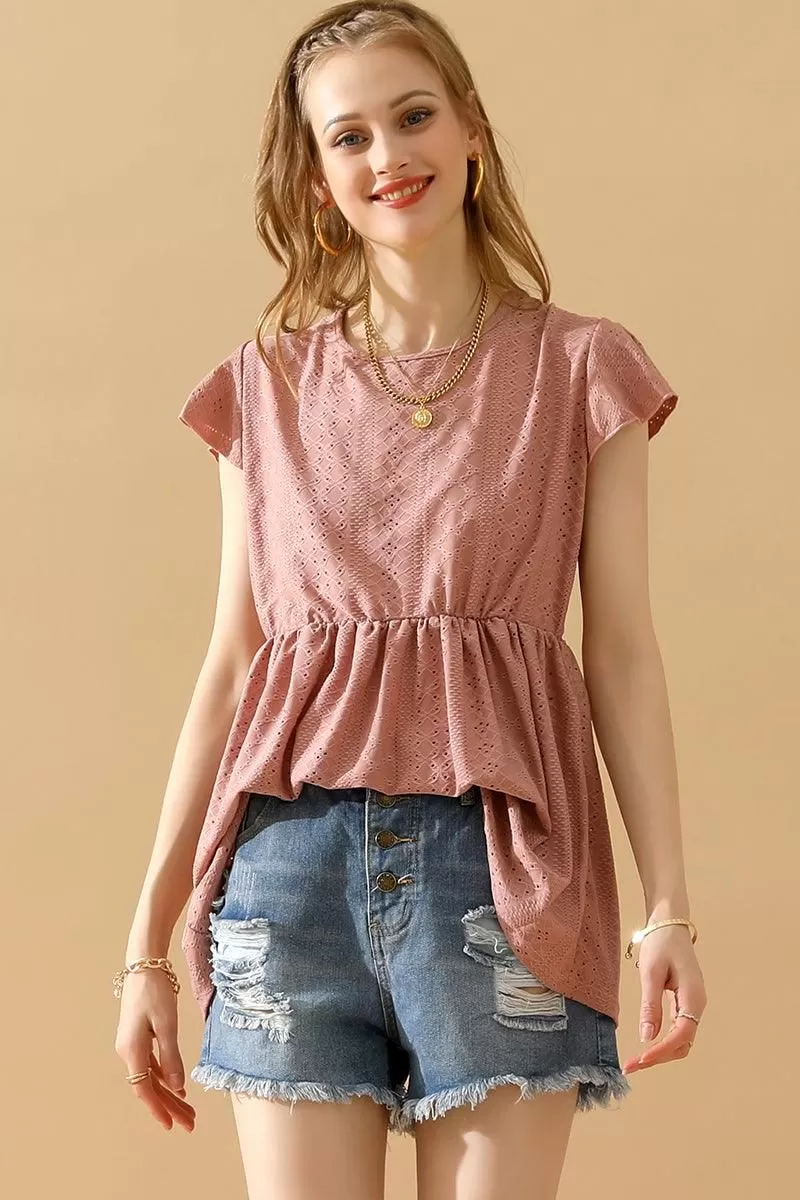 RUFFLED ELASTIC WAIST PUNCHING LACE TEE