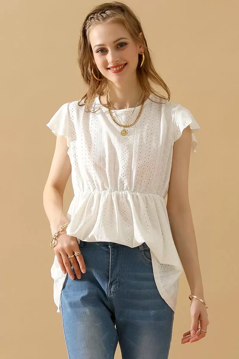 RUFFLED ELASTIC WAIST PUNCHING LACE TEE