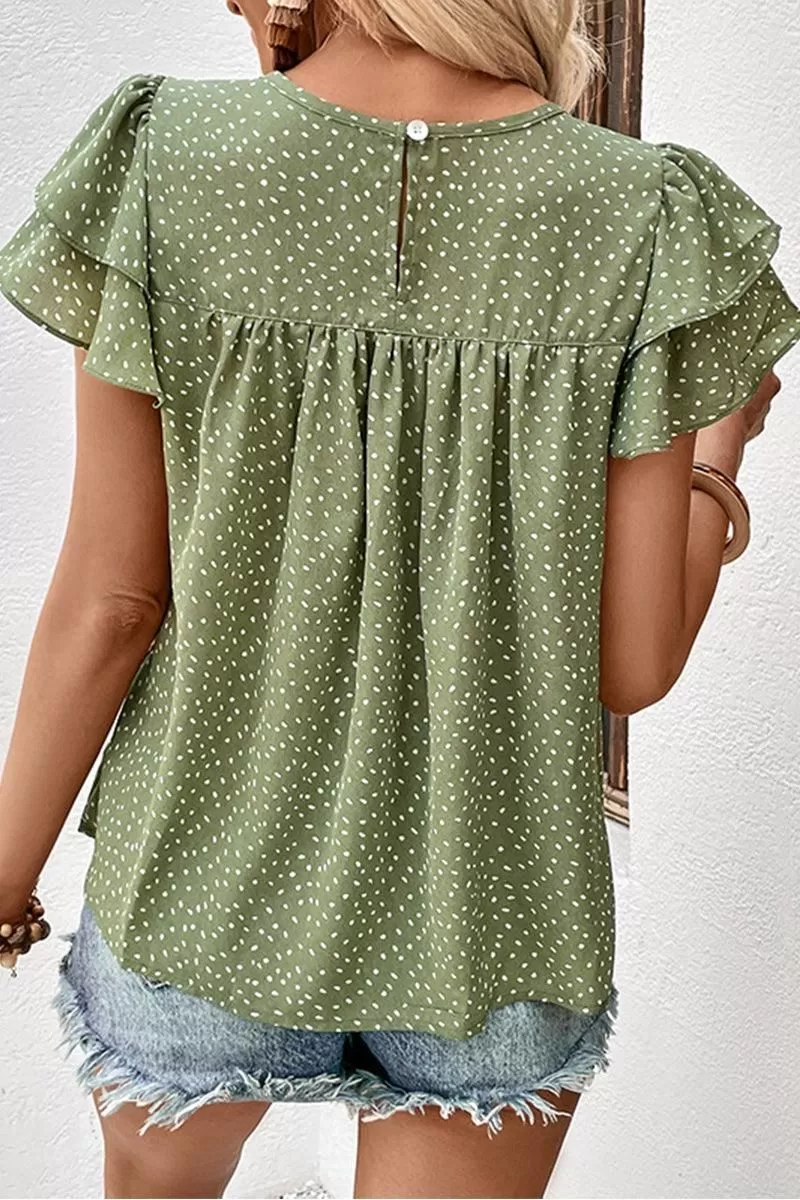 RUFFLED SHORT SLEEVE POLKA DOT TUNIC BLOUSE