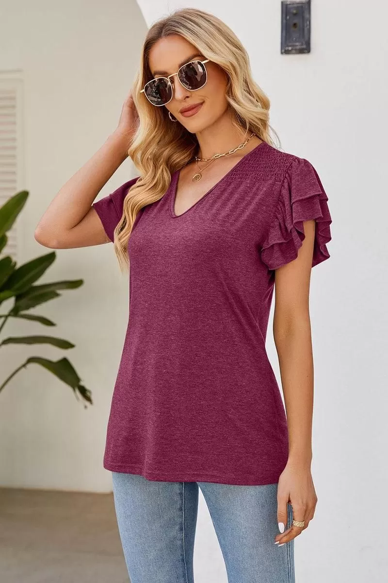 SMOKED SHOULDER RUFFLED SHORT SLEEVE TEE